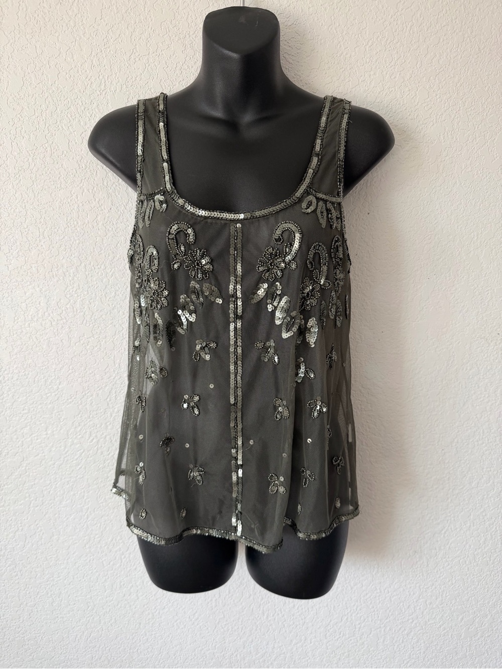 Willow & Clay Y2K Olive Green Beaded Sequin Sheer Mesh Tank Top